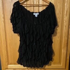 Once Again Women's Black Ruffle Short-Sleeve Blouse